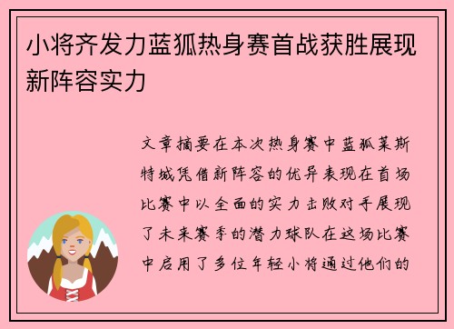 小将齐发力蓝狐热身赛首战获胜展现新阵容实力