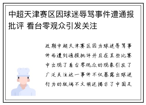 中超天津赛区因球迷辱骂事件遭通报批评 看台零观众引发关注