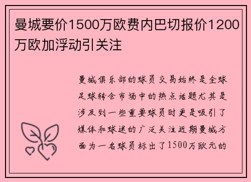 曼城要价1500万欧费内巴切报价1200万欧加浮动引关注