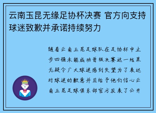 云南玉昆无缘足协杯决赛 官方向支持球迷致歉并承诺持续努力